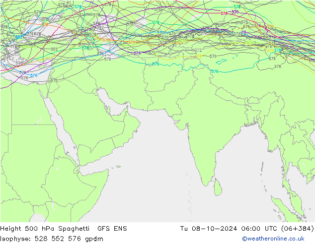 Height 500 hPa Spaghetti GFS ENS Tu 08.10.2024 06 UTC