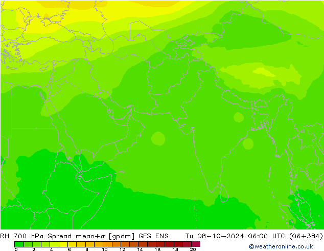 RH 700 hPa Spread GFS ENS 星期二 08.10.2024 06 UTC