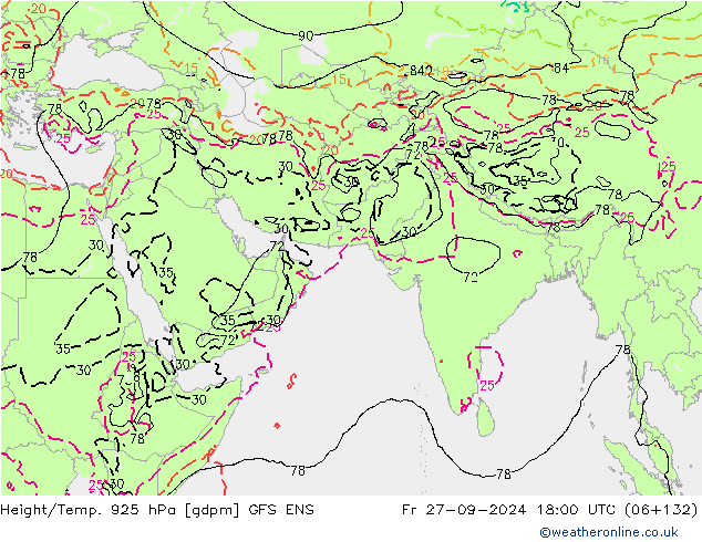 Hoogte/Temp. 925 hPa GFS ENS vr 27.09.2024 18 UTC