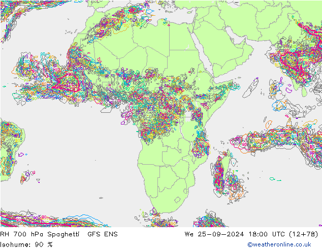 RH 700 гПа Spaghetti GFS ENS ср 25.09.2024 18 UTC