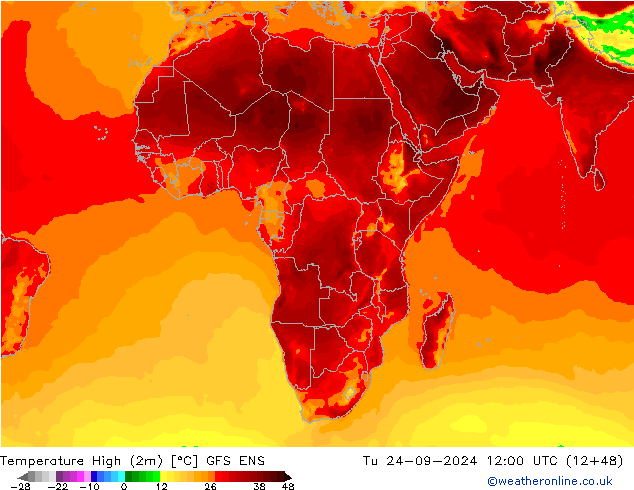 Max. Temperatura (2m) GFS ENS wto. 24.09.2024 12 UTC