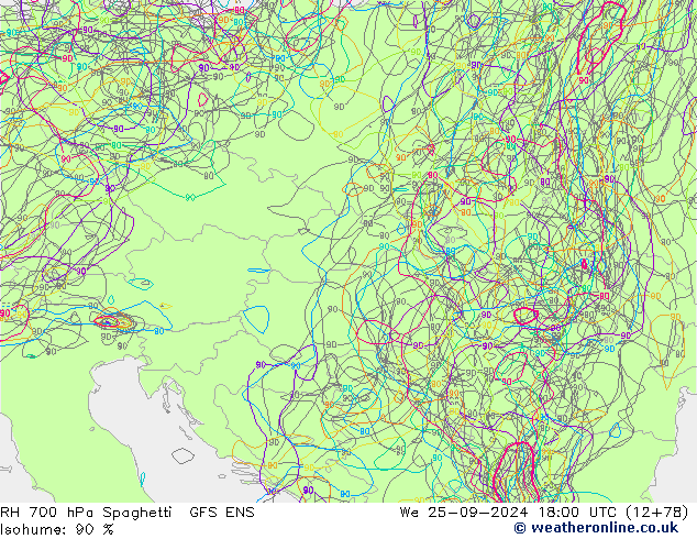 RH 700 hPa Spaghetti GFS ENS mer 25.09.2024 18 UTC