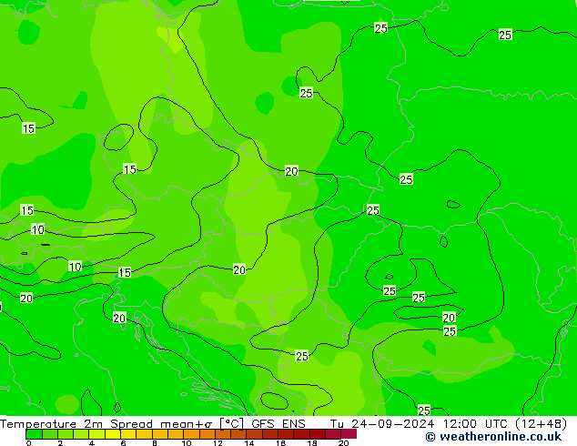 température 2m Spread GFS ENS mar 24.09.2024 12 UTC