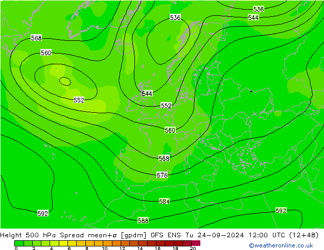 Height 500 hPa Spread GFS ENS Tu 24.09.2024 12 UTC