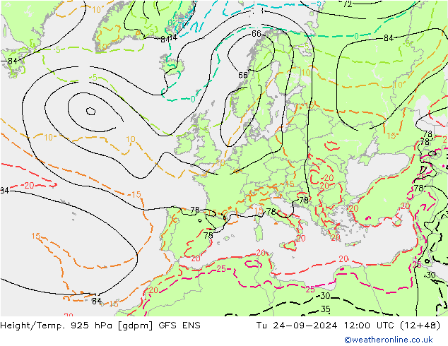 Height/Temp. 925 hPa GFS ENS Di 24.09.2024 12 UTC