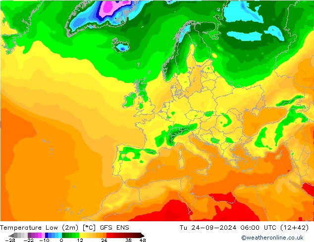 Tiefstwerte (2m) GFS ENS Di 24.09.2024 06 UTC