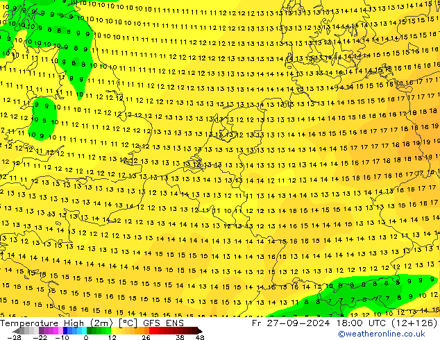 Nejvyšší teplota (2m) GFS ENS Pá 27.09.2024 18 UTC