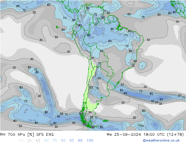 Humidité rel. 700 hPa GFS ENS mer 25.09.2024 18 UTC