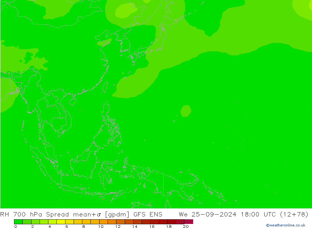 RH 700 hPa Spread GFS ENS We 25.09.2024 18 UTC