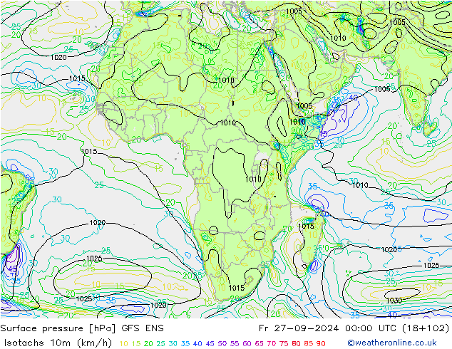 Isotachen (km/h) GFS ENS vr 27.09.2024 00 UTC