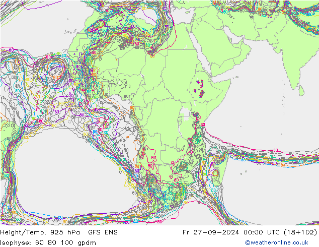 Hoogte/Temp. 925 hPa GFS ENS vr 27.09.2024 00 UTC