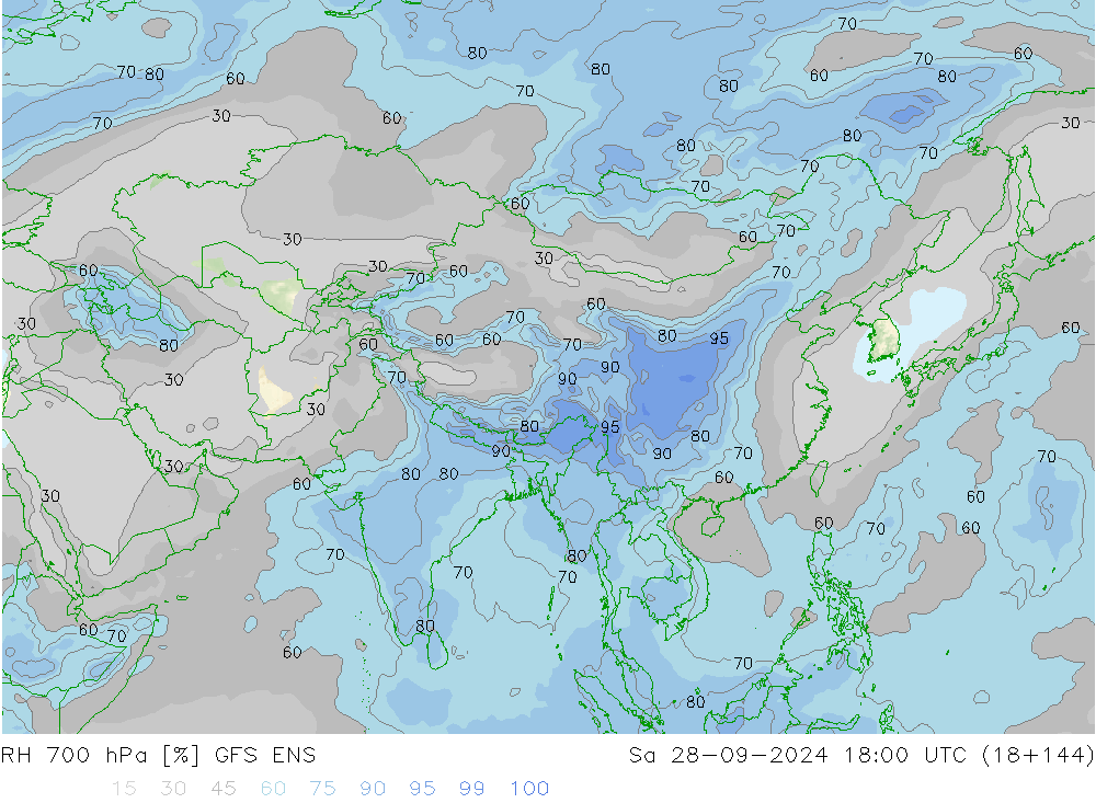 Humidité rel. 700 hPa GFS ENS sam 28.09.2024 18 UTC