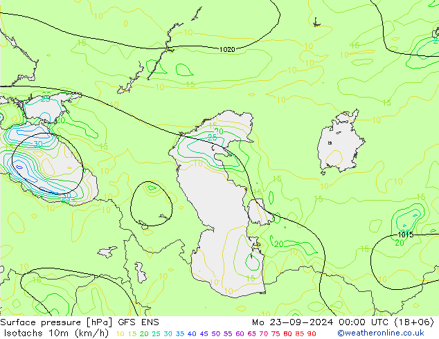 Isotachs (kph) GFS ENS Mo 23.09.2024 00 UTC