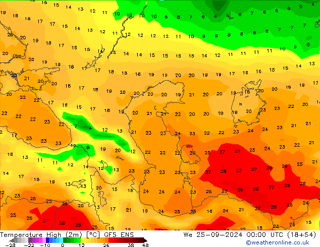 Maksimum Değer (2m) GFS ENS Çar 25.09.2024 00 UTC