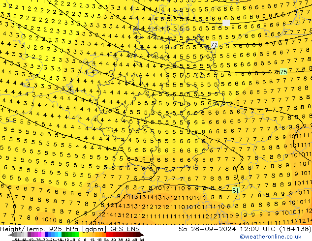 Height/Temp. 925 hPa GFS ENS Sa 28.09.2024 12 UTC