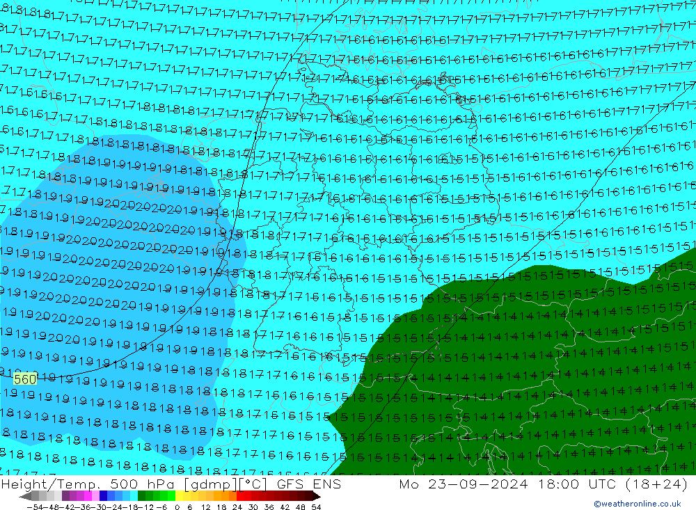 Height/Temp. 500 hPa GFS ENS pon. 23.09.2024 18 UTC