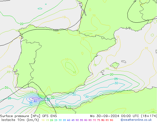 Isotachs (kph) GFS ENS Mo 30.09.2024 00 UTC