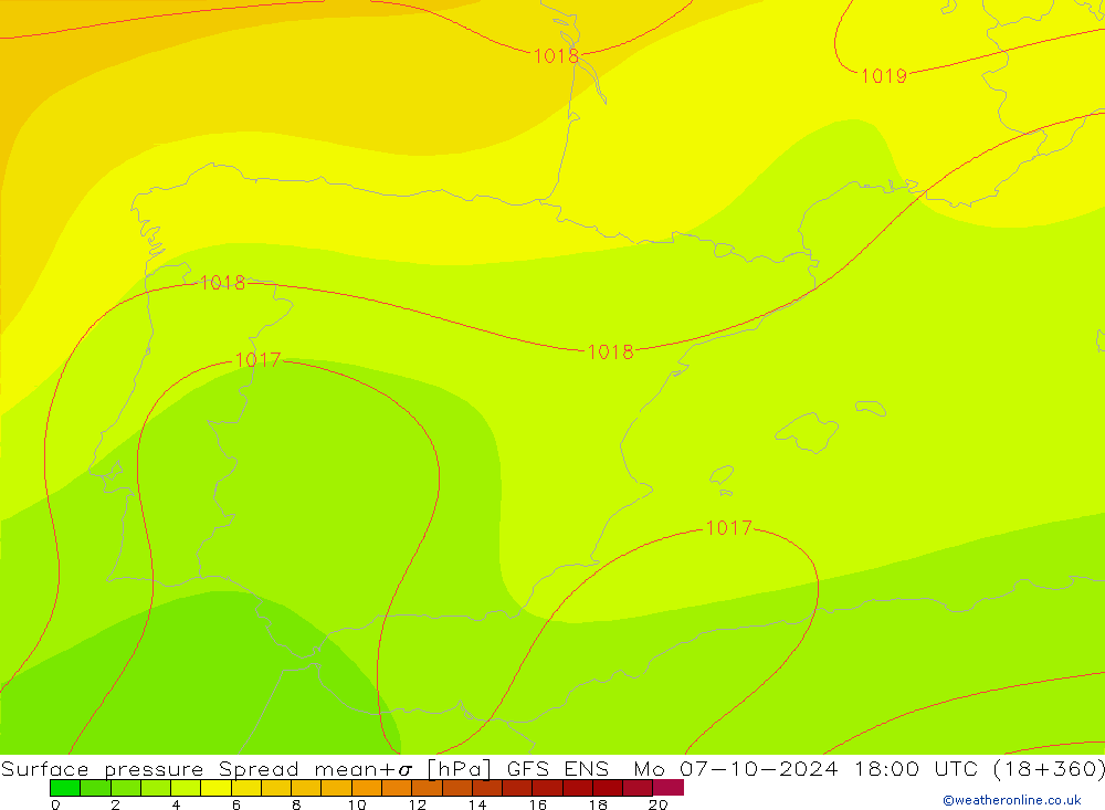 Surface pressure Spread GFS ENS Mo 07.10.2024 18 UTC