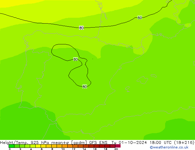 Height/Temp. 925 hPa GFS ENS  01.10.2024 18 UTC