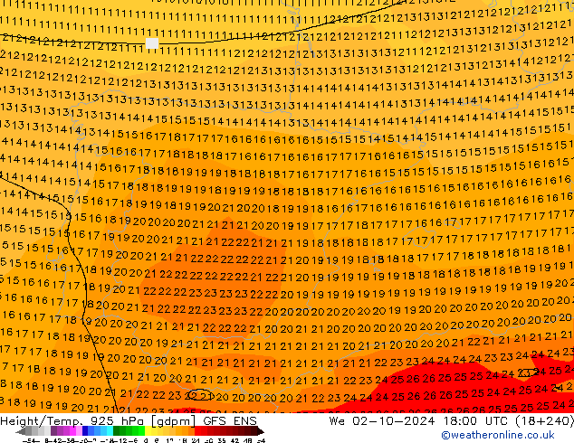 Hoogte/Temp. 925 hPa GFS ENS wo 02.10.2024 18 UTC