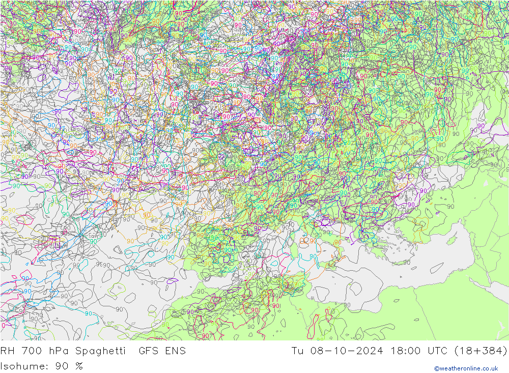 RH 700 hPa Spaghetti GFS ENS Tu 08.10.2024 18 UTC