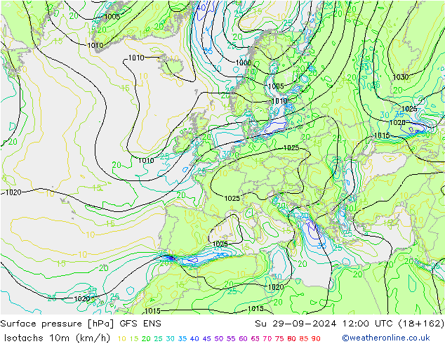 Isotachs (kph) GFS ENS  29.09.2024 12 UTC