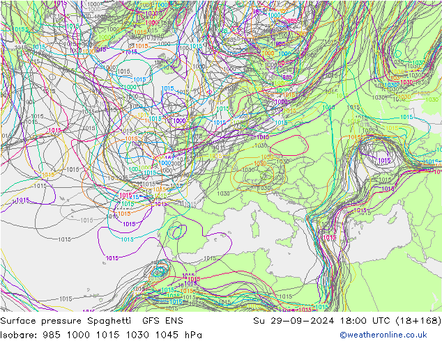 Luchtdruk op zeeniveau Spaghetti GFS ENS zo 29.09.2024 18 UTC