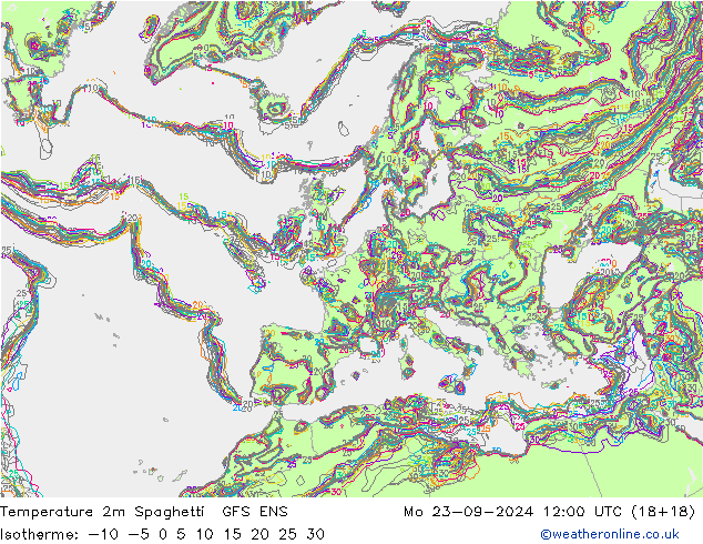 Temperatura 2m Spaghetti GFS ENS lun 23.09.2024 12 UTC