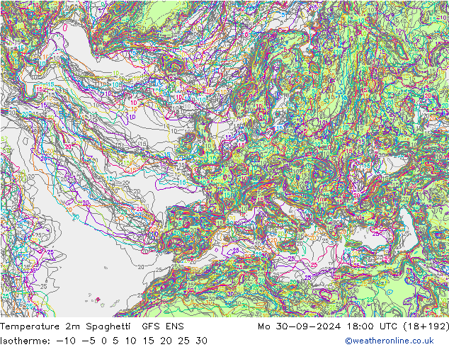 Temperatura 2m Spaghetti GFS ENS lun 30.09.2024 18 UTC