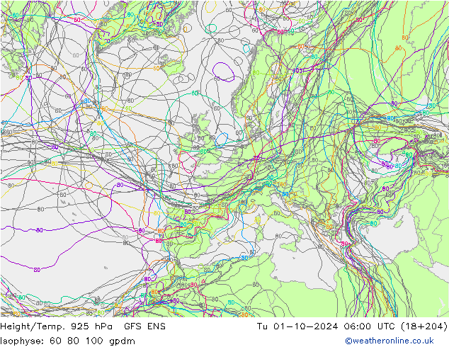 Height/Temp. 925 hPa GFS ENS Tu 01.10.2024 06 UTC