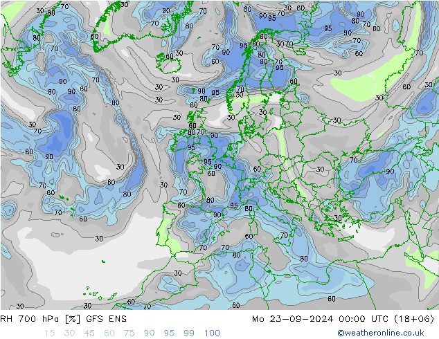 RH 700 hPa GFS ENS 星期一 23.09.2024 00 UTC