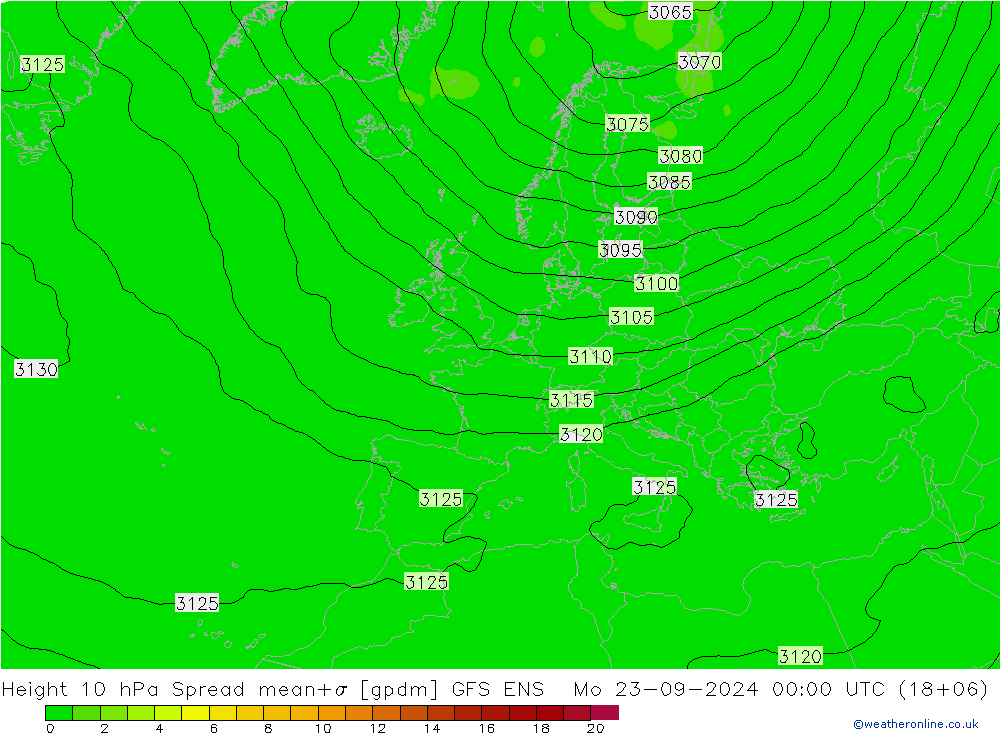 Hoogte 10 hPa Spread GFS ENS ma 23.09.2024 00 UTC