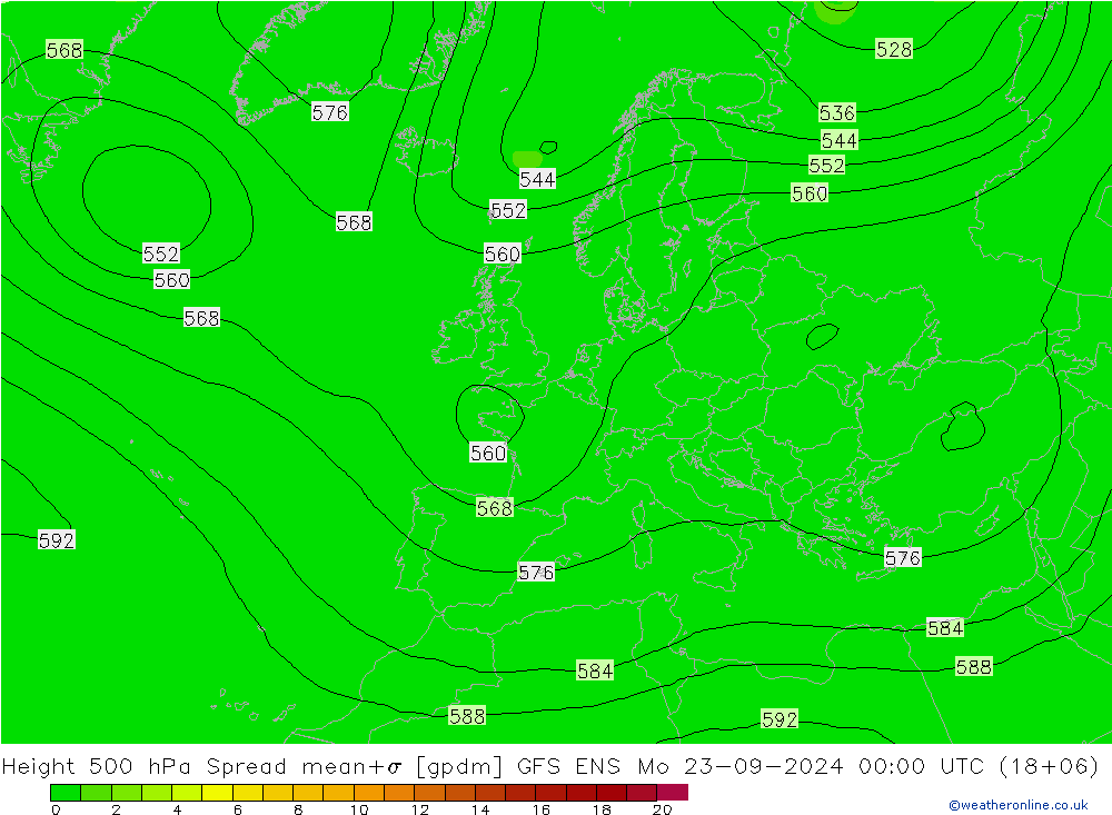 Height 500 hPa Spread GFS ENS Mo 23.09.2024 00 UTC