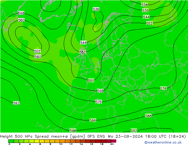 Height 500 hPa Spread GFS ENS lun 23.09.2024 18 UTC