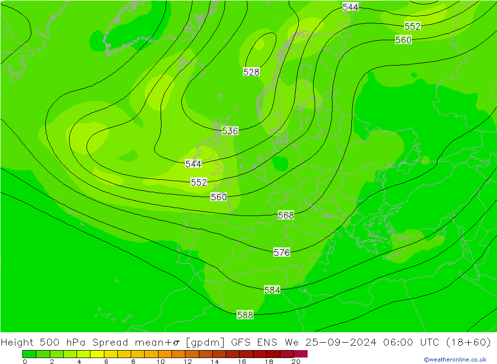 Hoogte 500 hPa Spread GFS ENS wo 25.09.2024 06 UTC