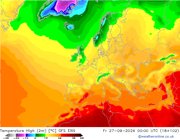 Temperatura máx. (2m) GFS ENS vie 27.09.2024 00 UTC