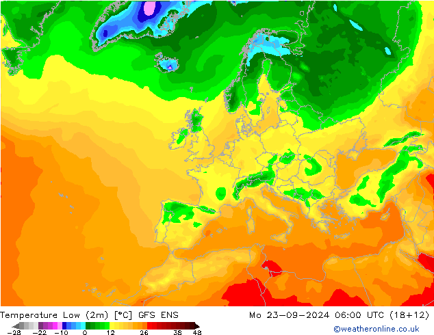 Temperature Low (2m) GFS ENS Mo 23.09.2024 06 UTC