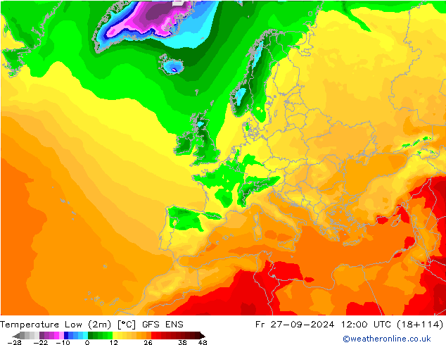 Temperature Low (2m) GFS ENS Fr 27.09.2024 12 UTC