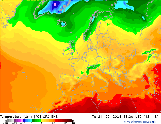 Temperatura (2m) GFS ENS mar 24.09.2024 18 UTC