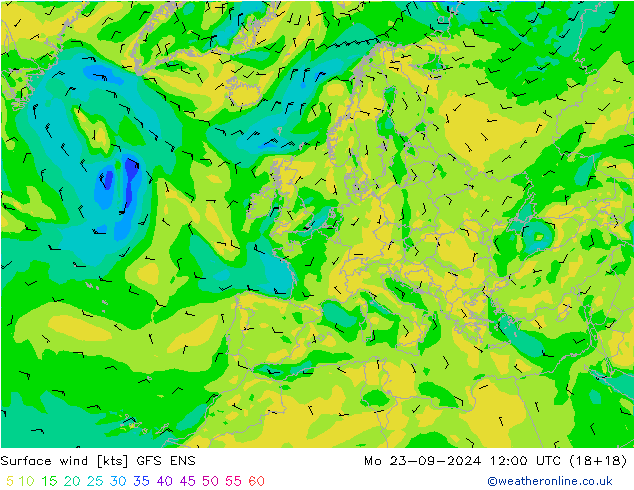 Viento 10 m GFS ENS lun 23.09.2024 12 UTC