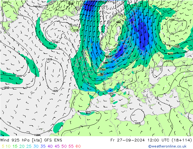 Viento 925 hPa GFS ENS vie 27.09.2024 12 UTC