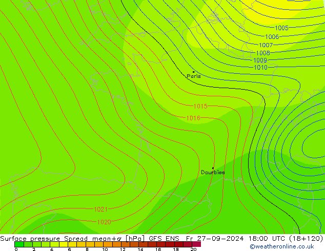 Surface pressure Spread GFS ENS Fr 27.09.2024 18 UTC