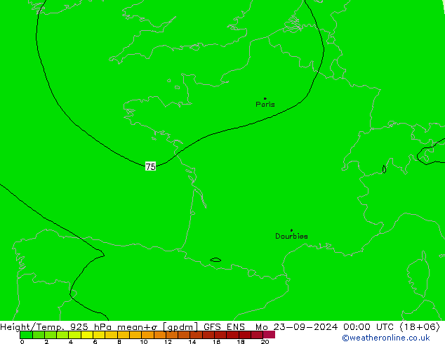 Height/Temp. 925 hPa GFS ENS Mo 23.09.2024 00 UTC