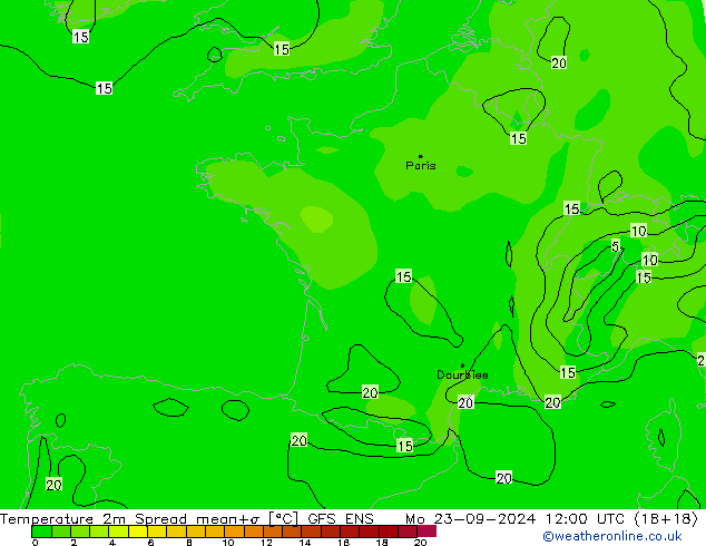 mapa temperatury 2m Spread GFS ENS pon. 23.09.2024 12 UTC