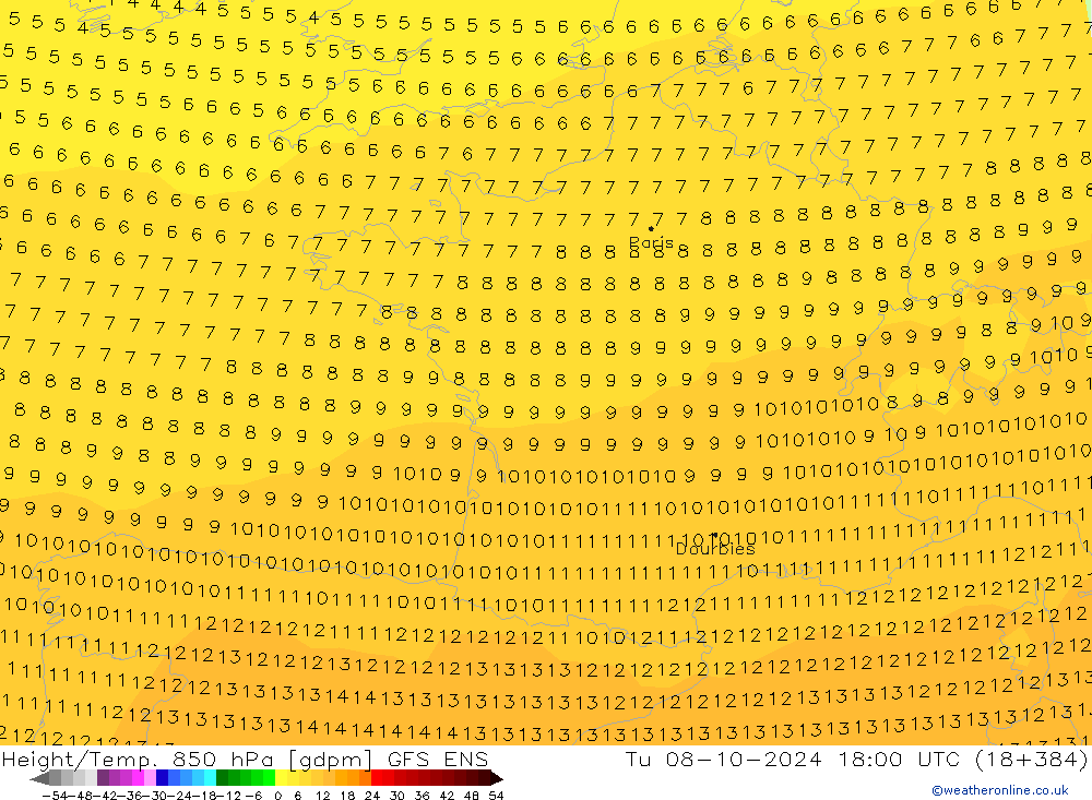 Hoogte/Temp. 850 hPa GFS ENS di 08.10.2024 18 UTC