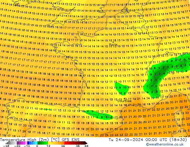 Max.temperatuur (2m) GFS ENS di 24.09.2024 00 UTC