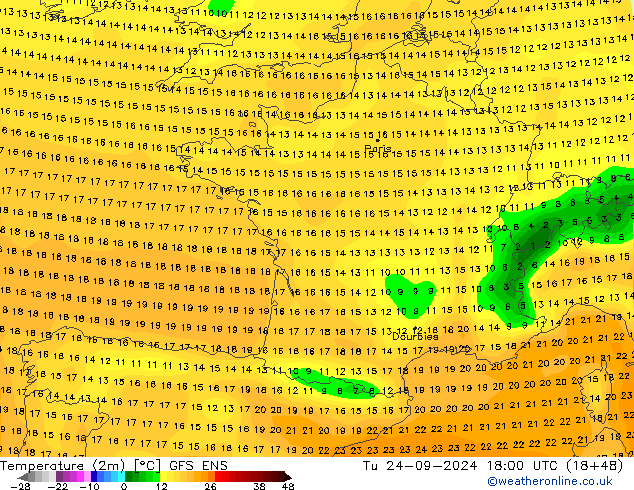 Temperature (2m) GFS ENS Tu 24.09.2024 18 UTC