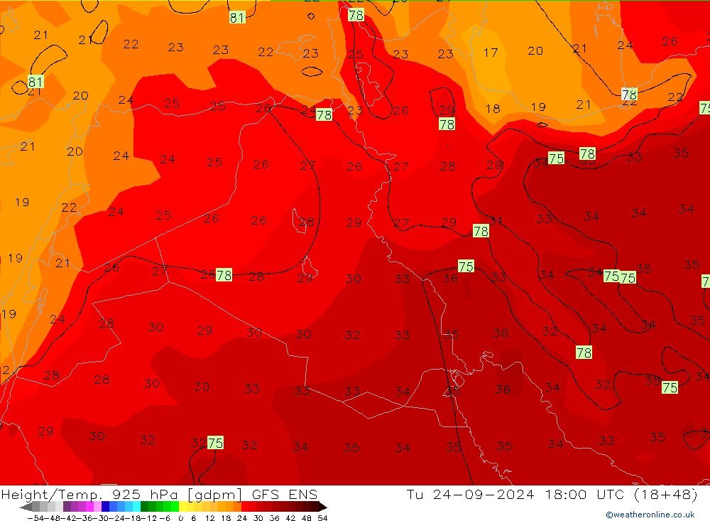 Height/Temp. 925 hPa GFS ENS Tu 24.09.2024 18 UTC