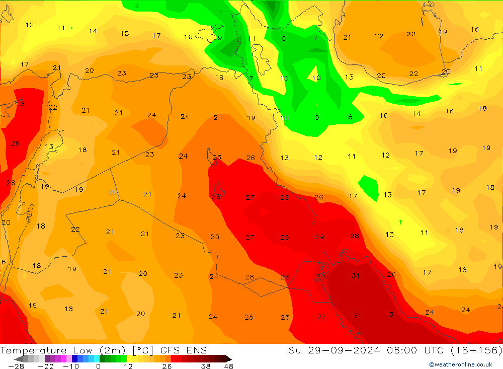 Temperature Low (2m) GFS ENS Su 29.09.2024 06 UTC