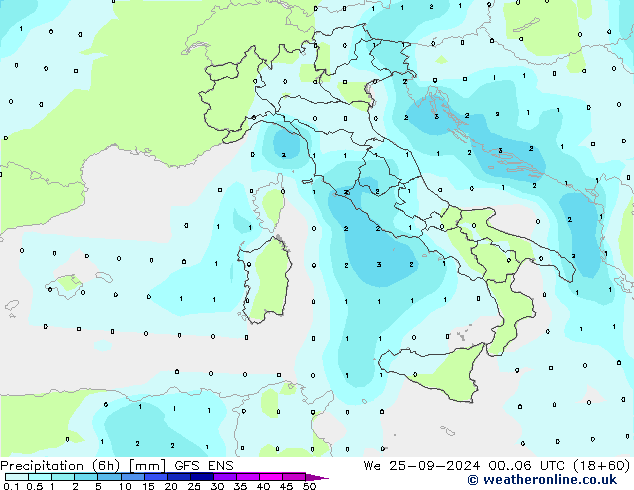 Precipitazione (6h) GFS ENS mer 25.09.2024 06 UTC